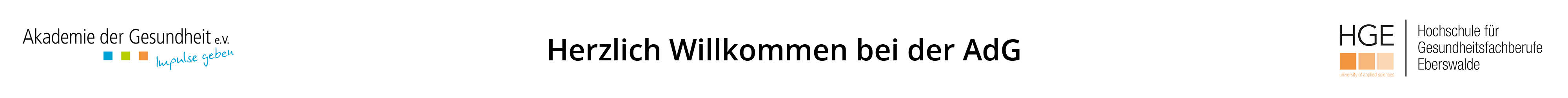 Header mit Logo „Akademie der Gesundheit e. V. – Impulse geben“, Schriftzug „Herzlich Willkommen bei der AdG“ und Logo der Hochschule für Gesundheitsfachberufe Eberswalde.